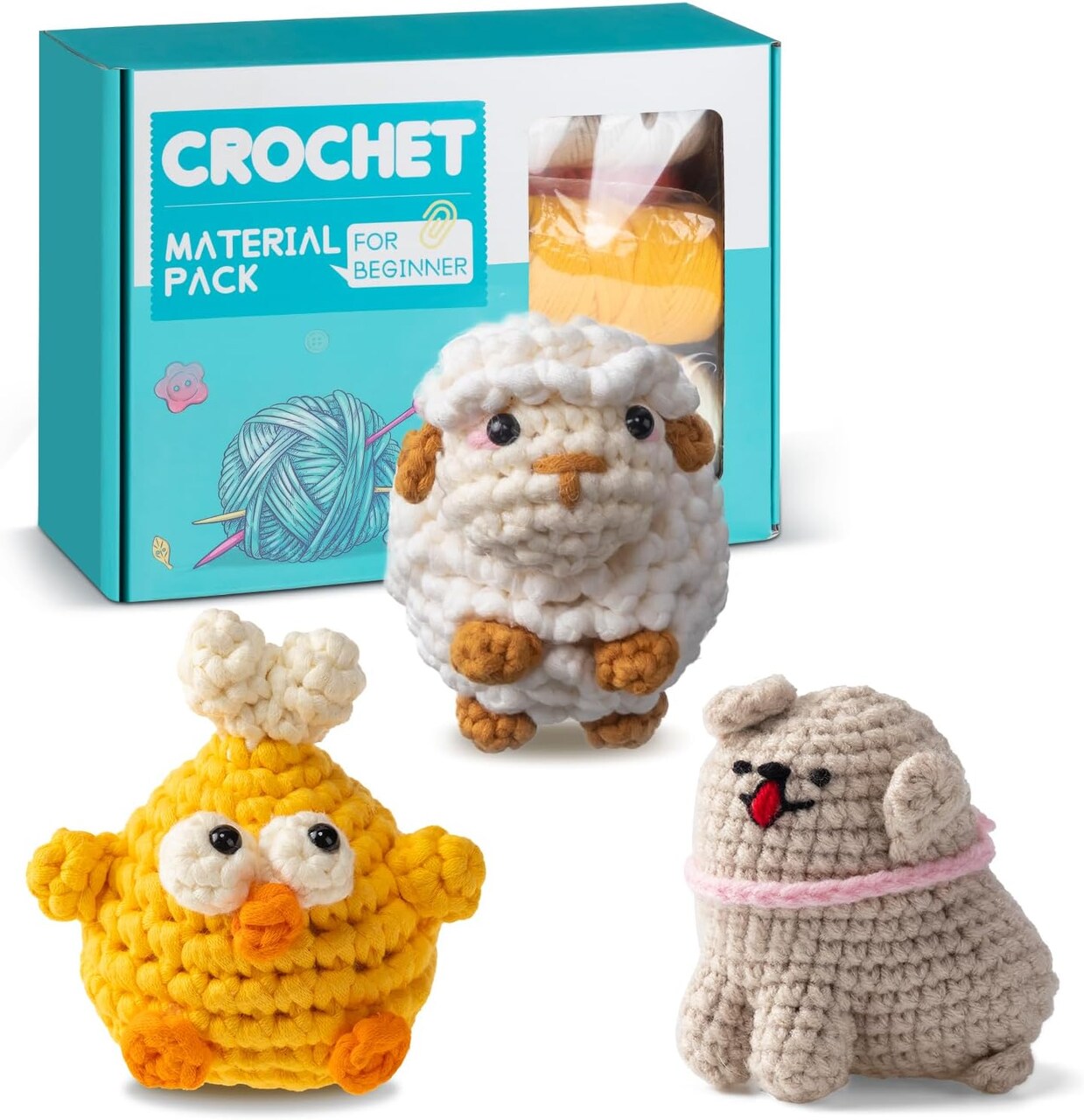 Creachet Beginner Crochet Kit – 3-Pack Farm Animals (Dog, Chicken, Lamb) with Yarn & Hooks | Step-by-Step Video Tutorials | DIY Craft Starter Set for Kids & Adults (Farm) 3.94 x 2.36 x 2.36 inches